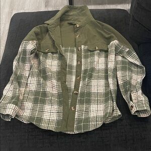 Green and White Plaid Button-Up Jacket